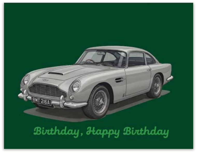 Automotive art greeting card, Aston Martin DB5 birthday design