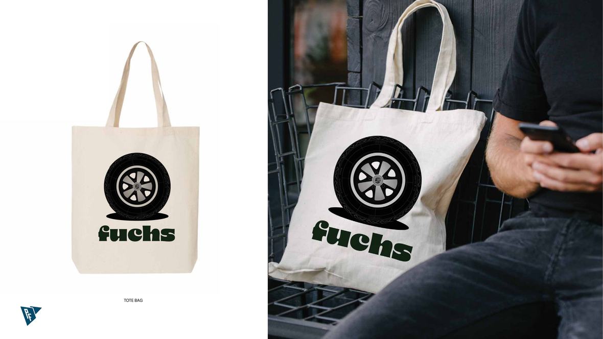 Natural canvas tote bag with fuchs wheel automotive artwork