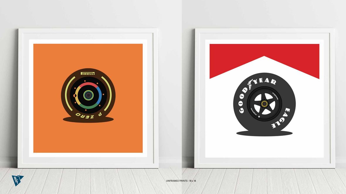 Unframed 18 by 18 inch automotive art prints of Pirelli and Goodyear racing wheels