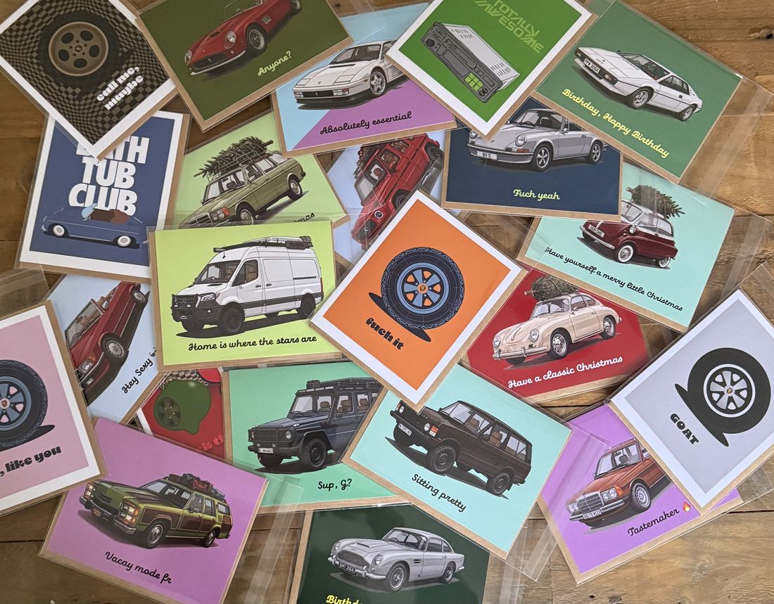 Parc Fermé automotive art greeting cards, the full Cards & Coffee range sleeved with kraft envelopes