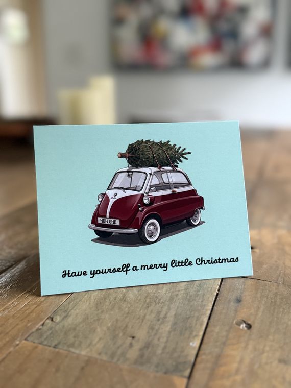 Automotive art Christmas card, BMW Isetta with a tree strapped to the roof